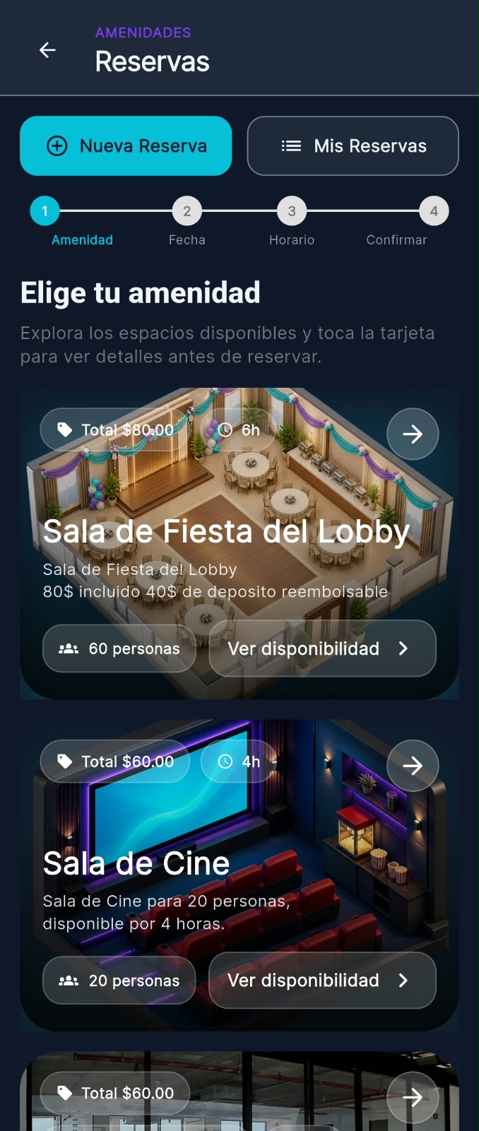 Reservas de amenidades en la app